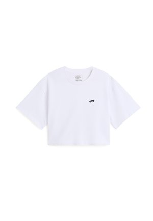 Camiseta blanca corta de algodón, con mangas cortas y un pequeño logo negro de skate en el área del pecho izquierdo.