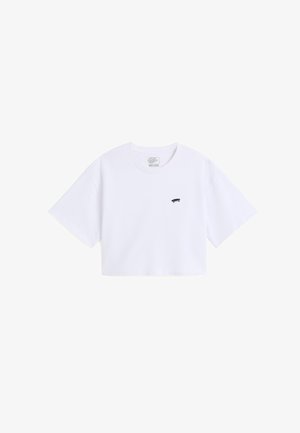 Weißes Cropped-T-Shirt aus Baumwolle mit kurzen Ärmeln und kleinem schwarzem Skateboard-Logo auf der linken Brust.