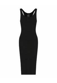 Abito nero senza maniche realizzato in tessuto elasticizzato, con scollo tondo e siluetta aderente, dotato di un sottile dettaglio del logo sul fronte.