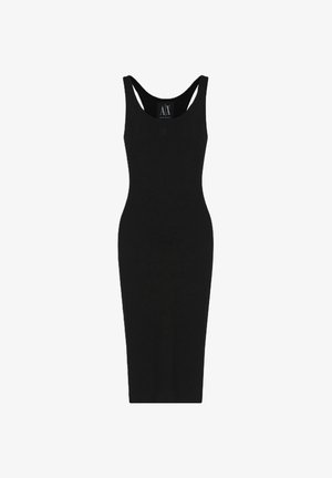 Melnā bez piedurknēm izgatavota kleita no elastīgas auduma, ar apaļu dekoltē un pieguļošu siluetu, ar smalku logotipa detaļu priekšpusē.