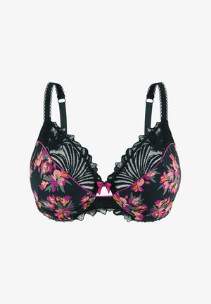 Sujetador de encaje negro con patrón floral en rosa y púrpura, que presenta bordes ondulados, un lazo central y tirantes ajustables.