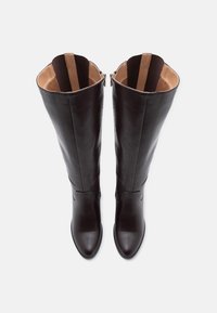 Botas altas hasta la rodilla de cuero marrón con acabado liso, punteras puntiagudas y detalles en tonos marrón claro en la parte de la pantorrilla y el forro interior.