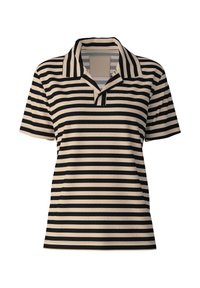 Zwart en beige gestreepte polo-shirt met een kraag, korte mouwen en een subtiele textuur. Inclusief een sluitstrook met zichtbare hardwaredetails.