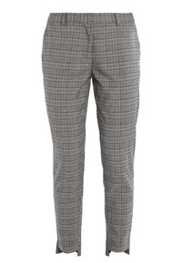 Grijs geruite broek met een slim fit, voorzien van een subtiele ruitpatroon en zijsplitten aan de onderkant voor extra detail. Elastische tailleband.