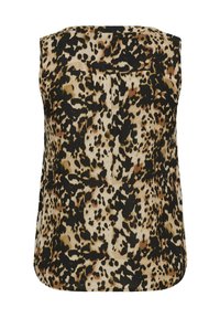 Top sans manches en imprimé animal avec une palette de couleurs beige, noir et marron. Le tissu a une texture lisse, avec un col rond et des détails de plis.