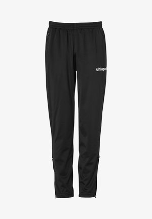 Zwarte sportbroek van soepel, lichtgewicht materiaal. Voorzien van een elastische tailleband, zijzakken en een klein logo op de dij.