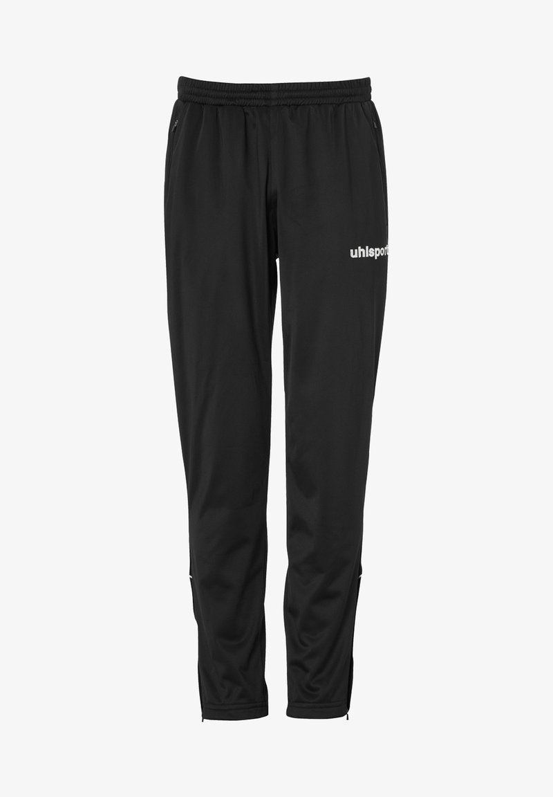 Schwarze Sporthose aus glattem, leichtem Material. Mit elastischem Bund, Seitentaschen und kleinem Logo auf dem Oberschenkel.