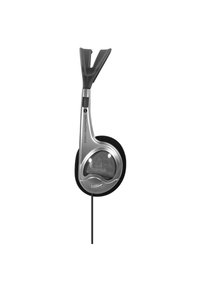 Silberne Stereo-Kopfhörer mit schwarzem Schaumstoffpolster, transparentem Lautsprecherabdeckung und flexiblem Y-förmigem Ohrbügel.