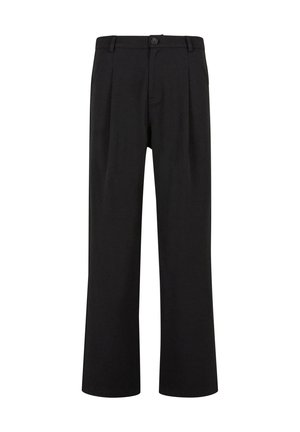 Black straight-leg men's trousers with belt loops, front button closure, and side pockets, displayed on a white background.