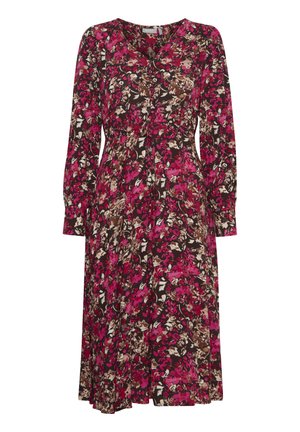 Blommig klänning med långa ärmar, V-halsringning och knappar. Tyget pryds av rosa, bruna och krämfärgade blommor på en mörk bakgrund.