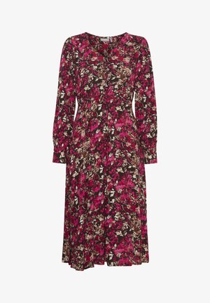 Lillelillekleit, millel on pikad varrukad, V-kaelus ja nupud. Kangas demonstreerib roosaid, pruune ja kreemikaid lilli tumedal taustal.