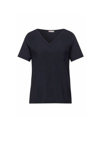 Marineblå T-shirt med V-hals i bomuld, kortærmet, med et enkelt design og en afslappet pasform. Glat tekstur, ingen mønstre.
