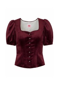 Marlowe bordeaux blouse met poffende mouwen, vierkante halslijn en sluiting met knopen aan de voorkant, versierd met decoratieve zilverkleurige knopen. Zachte textuur.