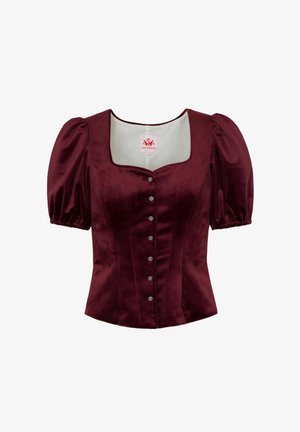 Marlowe bordeauxfarbene Bluse mit Puffärmeln, quadratischem Ausschnitt und vorderer Knopfleiste mit dekorativen, silberfarbenen Knöpfen. Weiche Textur.