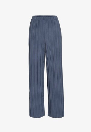 Široke, mornarsko modre hlače z naborki in elastičnim pasom, z vertikalno teksturo, narejene iz lahko tkanine za udobje in lahkotno gibanje.