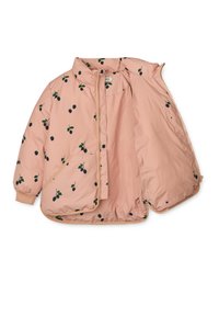 Light pink quilted jacket featuring dark berry and green leaf patterns, a stand collar, side pockets, and elastic cuffs.