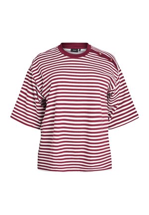 T-shirt a righe nei colori bordeaux e bianco, maniche corte, collo a giro, con bottoni decorativi sulla spalla. Materiale in cotone morbido.