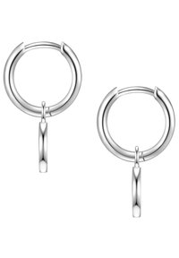 Hõbedast rõngaskujulised kõrvarõngad, millel on sile ja läikiv viimistlus. Neil on ümmargune disain ning keskel ripuv aktsent.