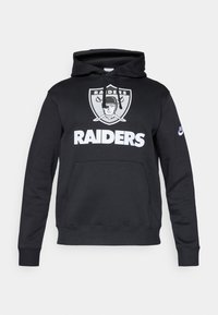 Čierna mikina s kapucňou vyrobená z bavlnenej zmesi, s veľkým bielym logom a grafikou "RAIDERS" na prednej strane, so klokankovou kapsou a kapucňou so šnúrkou.