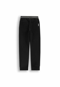 Czarne spodnie dresowe z elastycznym pasem, z białymi paskami, tylnymi kieszeniami i ściągaczami, przedstawione z tyłu na białym tle.