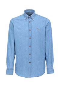 Lichtblauw denim shirt met een button-down kraag en bruine knopen. Heeft een klein geborduurd hondenlogo op de borst. Lange mouwen.