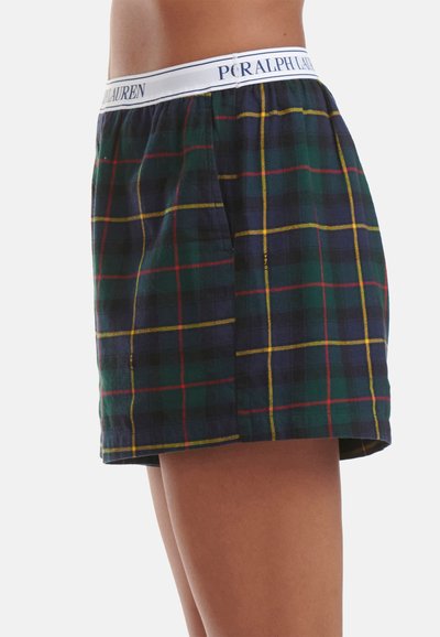 Kárované boxerské trenýrky v zelené, námořnické modré a žluté barvě, s bílým elastickým pasem s logem "Polo Ralph Lauren". Vyrobeno z měkké bavlněné látky.
