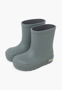 Bottes de pluie en caoutchouc vertes avec une semelle texturée et une doublure douce et foncée. Caractéristiques : un bout arrondi et un logo en relief sur le côté.