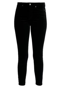 Jean skinny noir taille haute avec bouton frontale et poches, coupe ajustée de la taille à la cheville, présenté sur un fond blanc.
