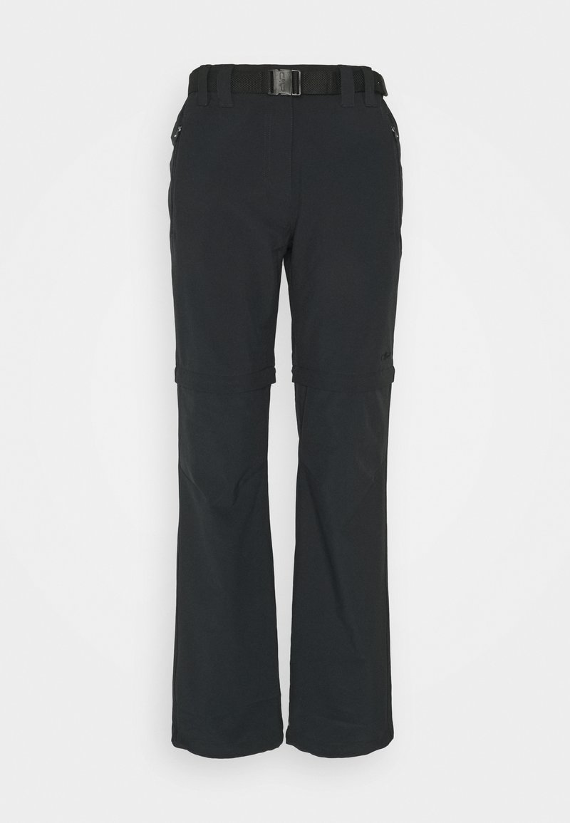 Pantalon convertible noir d'extérieur avec jambes amovibles zippées et ceinture ajustable intégrée, présenté de face sur un fond uni.