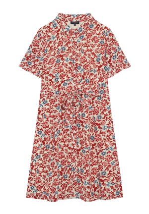 Red and blue floral print dress with short sleeves, a collar, and a tie belt at the waist, made from lightweight fabric with a smooth texture.