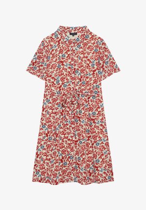 Red and blue floral print dress with short sleeves, a collar, and a tie belt at the waist, made from lightweight fabric with a smooth texture.