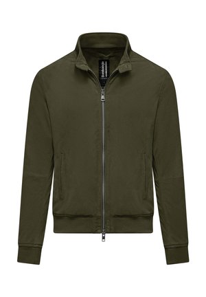 Giacca con zip verde oliva con colletto alla coreana, due tasche frontali, polsini e orlo a costine, realizzata in tessuto liscio.