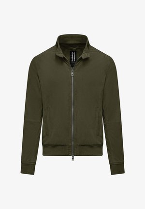 Oliënkleurig jack met ritssluiting, staande kraag, twee voorzakken, geribde manchetten en tailleband, gemaakt van gladde stof.