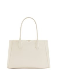 Sac fourre-tout en cuir crème structuré avec deux poignées arrondies, présentant une finition texturée et un subtil accent triangulaire en haut.