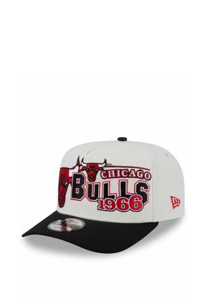 White and black baseball cap with red Chicago Bulls logo, bull heads, and "1966" embroidered on front, New Era logo on side.