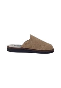 Pantofole in feltro marrone con punta arrotondata e retro aperto, caratterizzate da una tomaia testurizzata e una suola in gomma nera per aderenza e comfort.