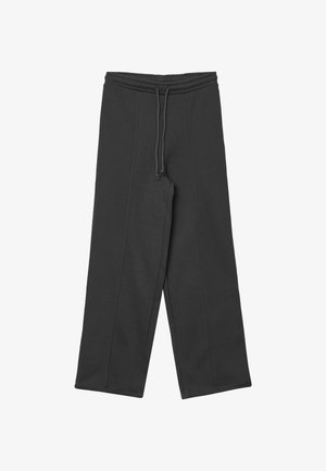 Pantaloni neri in felpa realizzati in tessuto morbido, con vita elastica e coulisse, gamba ampia e dettagli sottili sulle cuciture laterali.