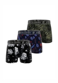 Lot de trois boxers. Comprend un motif floral noir, un motif botanique bleu foncé et une impression de feuilles vert foncé, tous avec une ceinture élastique noire.