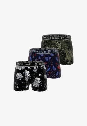 Lot de trois boxers. Comprend un motif floral noir, un motif botanique bleu foncé et une impression de feuilles vert foncé, tous avec une ceinture élastique noire.