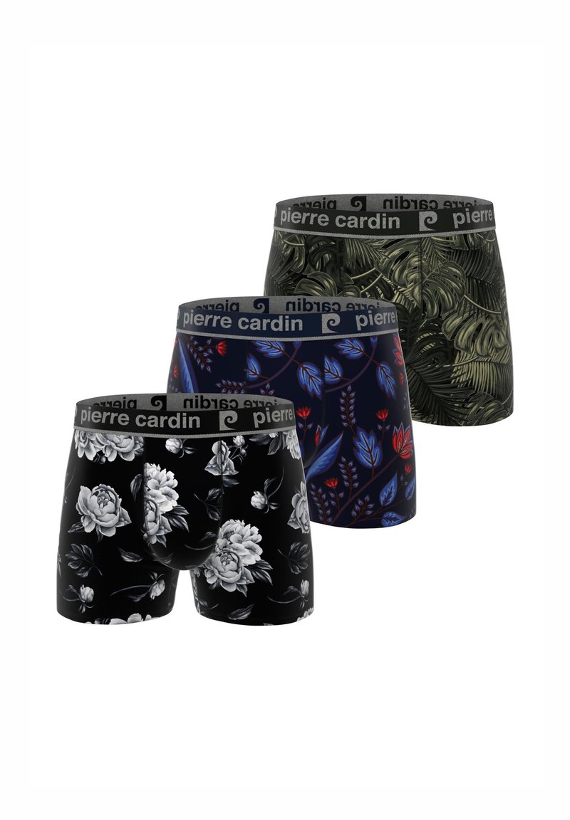 Lot de trois boxers. Comprend un motif floral noir, un motif botanique bleu foncé et une impression de feuilles vert foncé, tous avec une ceinture élastique noire.