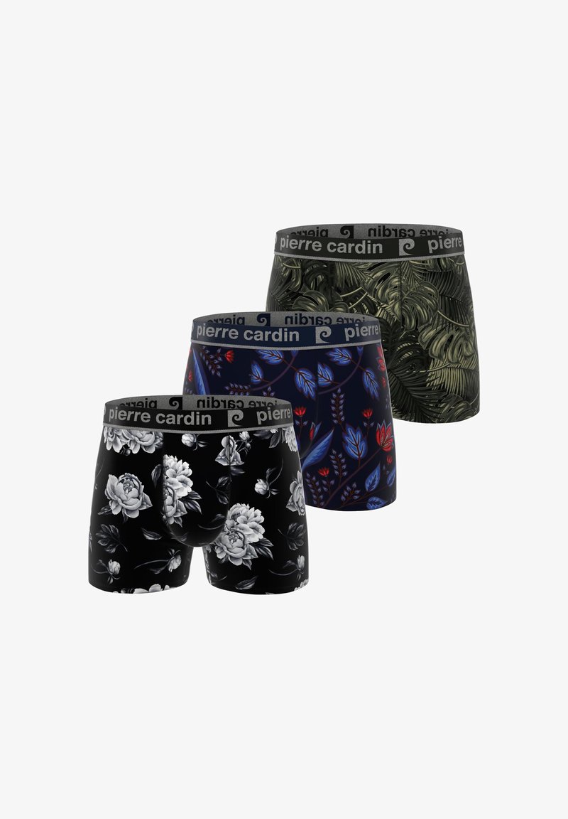 Lot de trois boxers. Comprend un motif floral noir, un motif botanique bleu foncé et une impression de feuilles vert foncé, tous avec une ceinture élastique noire.
