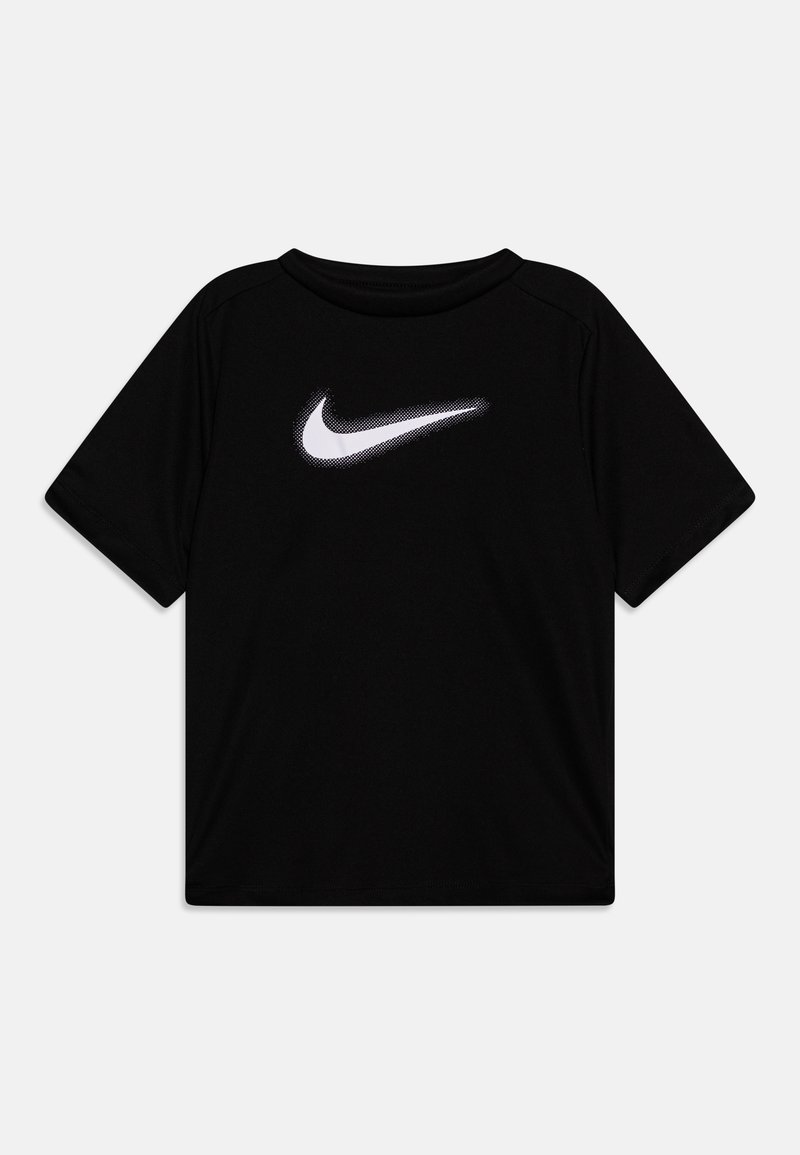 Schwarzes T-Shirt mit kurzen Ärmeln aus glattem Stoff, das auf der Vorderseite mit einem großen weißen Nike-Swoosh-Logo gestaltet ist. Rundhalsausschnitt, lässige Passform.