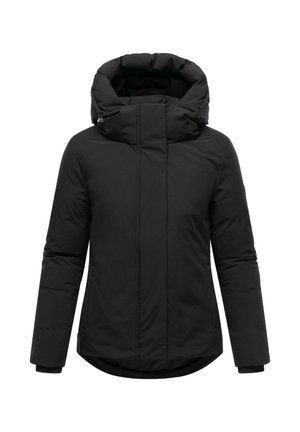 Black puffer jacket with a high collar, zip closure, and elastic cuffs. Made of textured, insulated fabric with a curved hemline for added coverage.