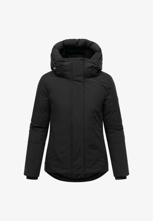 Czarna kurtka puchowa z wysokim kołnierzem, zamek błyskawiczny i elastyczne mankiety. Wykonana z teksturowanej, ocieplanej tkaniny z zaokrąglonym dołem dla lepszej ochrony.