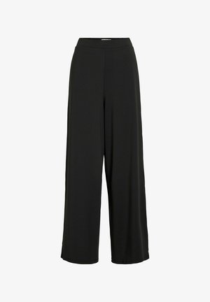 Pantalones de pierna ancha negros, hechos de un tejido suave, con una cinturilla alta y sin cierres o bolsillos visibles. Aptos para uso casual.
