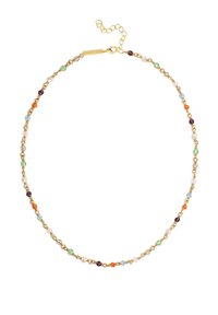 Halskette in Goldton mit mehrfarbigen Edelsteinen und Perlen, mit einem filigranen Kettendesign. Verstellbare Länge mit einem Karabinerverschluss.