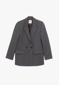 Grå blazer lavet af tekstureret stof, med sjalkrave, dobbeltknaplukning med sorte knapper og to forlommer.