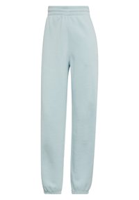 Jasnoniebieskie dresowe spodnie z elastycznym paskiem i ściągaczami, o luźnym kroju, wykonane z miękkiego materiału, z małym logo z boku.