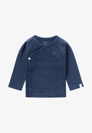 Mørkeblå langærmet indpakningsbluse lavet af ribbet stof. Har V-hals, trykknaplukninger og en logo detalje foran. Størrelse 56.