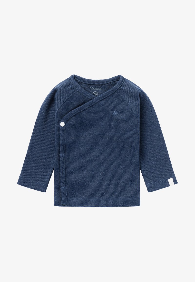 Mørkeblå langærmet indpakningsbluse lavet af ribbet stof. Har V-hals, trykknaplukninger og en logo detalje foran. Størrelse 56.